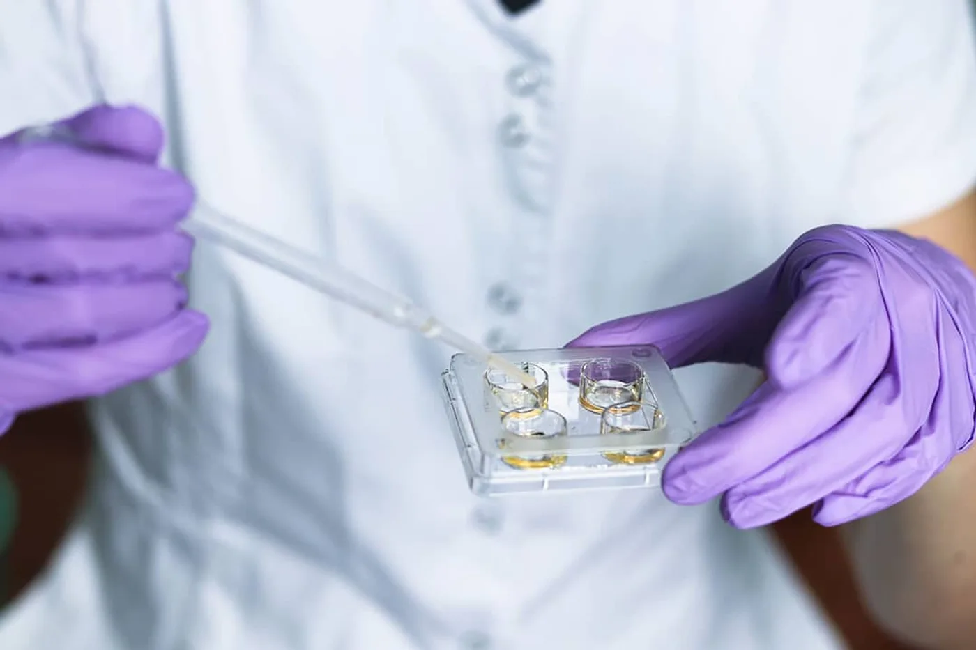 Embrióloga trabajando con pipeta y placa de cultivo en el laboratorio de Centro de Medicina Reproductiva HOPE